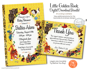 Celebrate with our Little Golden Book 1st Birthday Invitation Set! 🌟📚 Featuring the Pokey Little Puppy and Shy Little Kitten, this vintage-inspired digital download includes invitations, thank you cards, and envelopes. Perfect for a nostalgic nursery rhymes-themed party. Download, print, and enjoy! 🎉✨