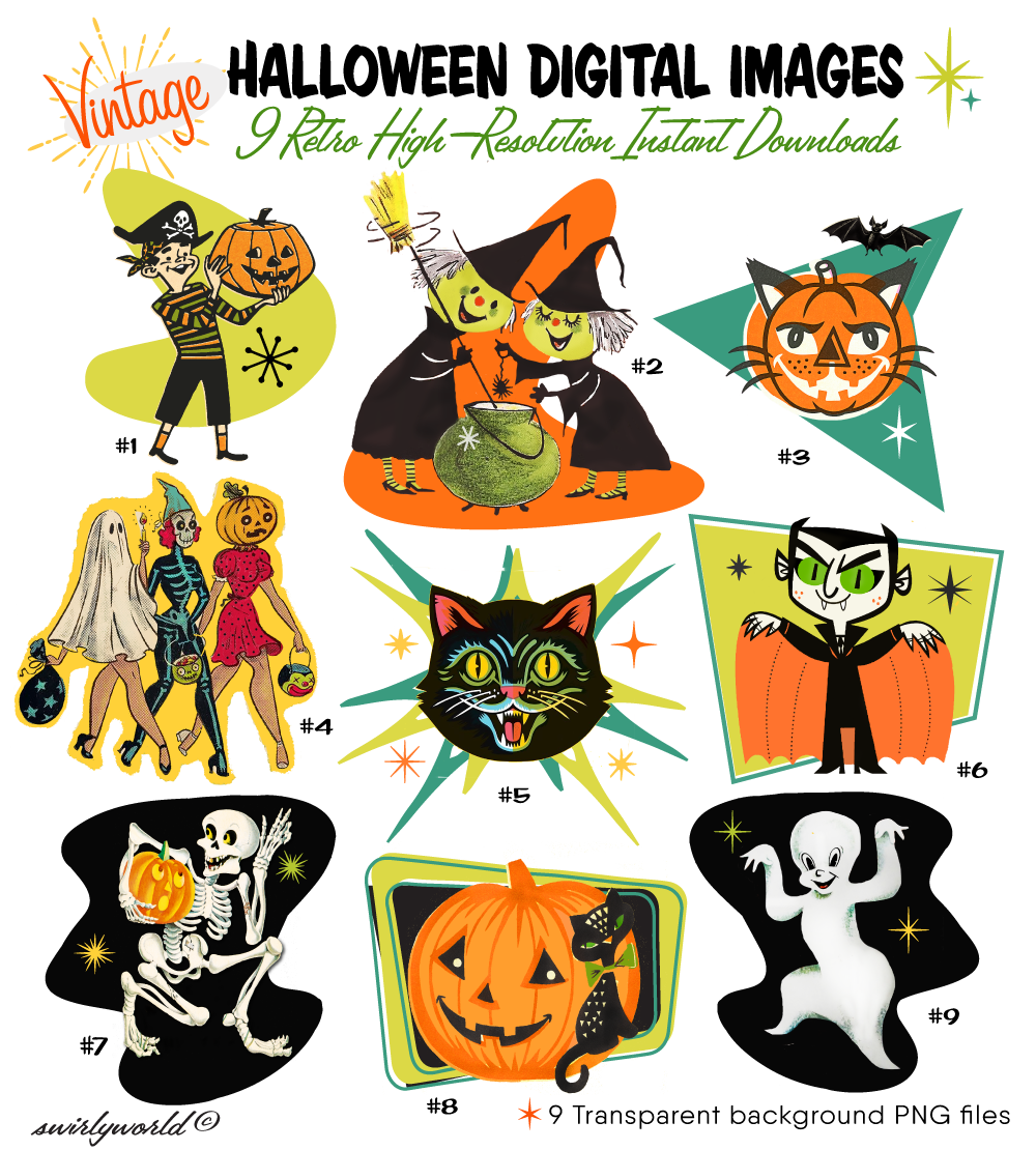Bring retro Halloween charm to your projects with Swirly World's Spooktacular collection of vintage 1950s-1970s Halloween images! Beautifully restored with transparent backgrounds, these kitschy designs are perfect for your ghoulish creations. Explore our other vintage sets and complete your collection!