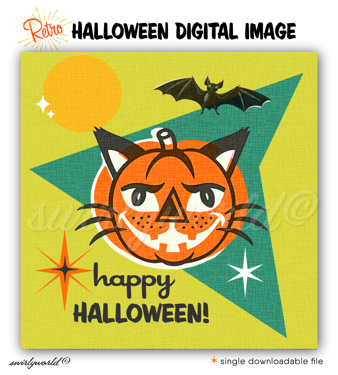 Vintage Kitty Cat Jack-o'-Lantern Halloween Image with Atomic Mid-Century Design