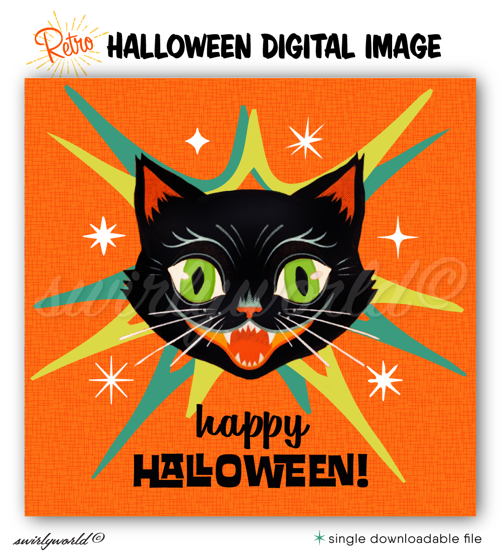 Vintage Black Kitty Cat Atomic Retro Mid-Century Modern Halloween Image for Social Media