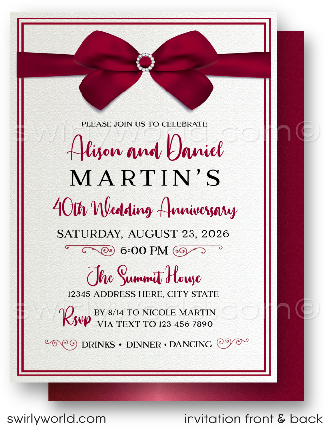 Wedding anniversary invitation with a red bow on a white background
