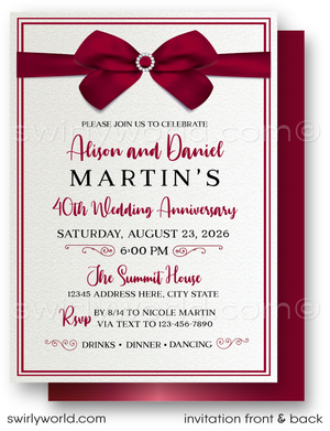 Wedding anniversary invitation with a red bow on a white background