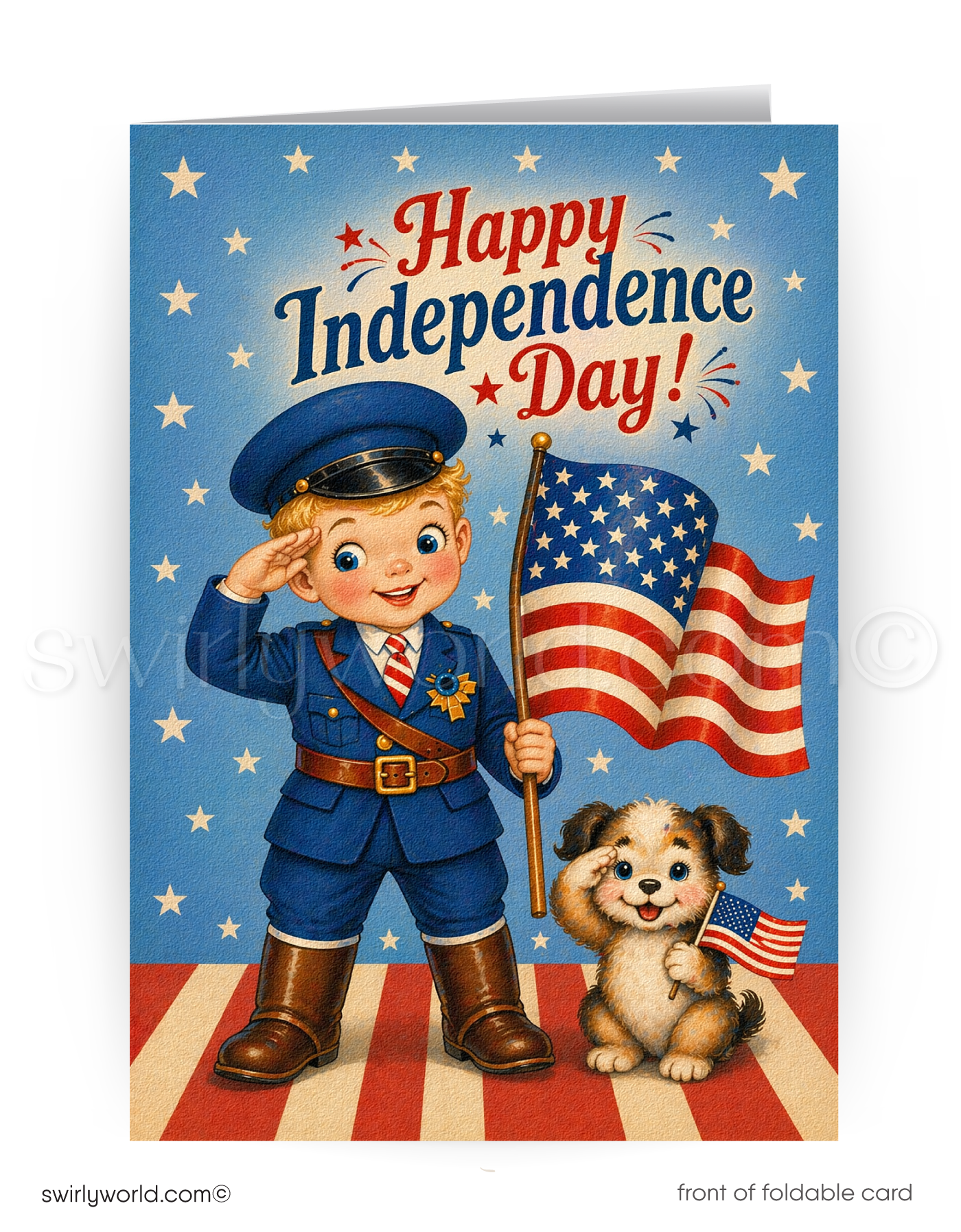 Vintage-style Independence Day card with a boy in uniform and dog holding American flags.