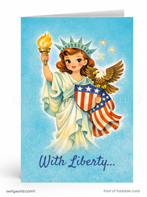 Vintage 4th of July Cards – Mid Century 1950s Style Design - Lady Liberty with American Flag