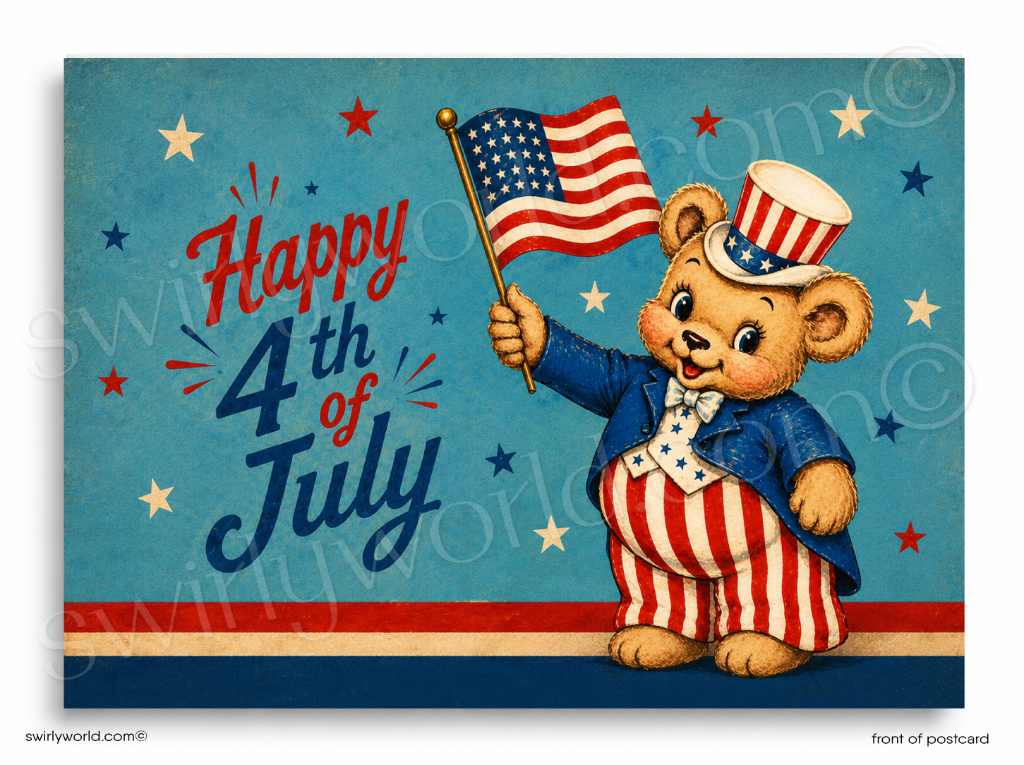 Vintage Happy Fourth of July Postcards - Retro Patriotic Bear