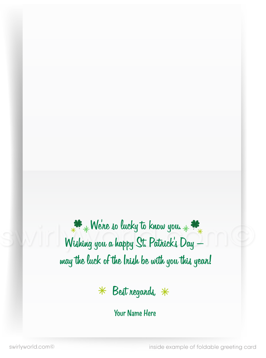 St. Patrick's Day card with green shamrocks and 'Happy St. Patrick's Day' text on a green background.