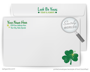 Personalized envelope with shamrock design and Swirly World branding
