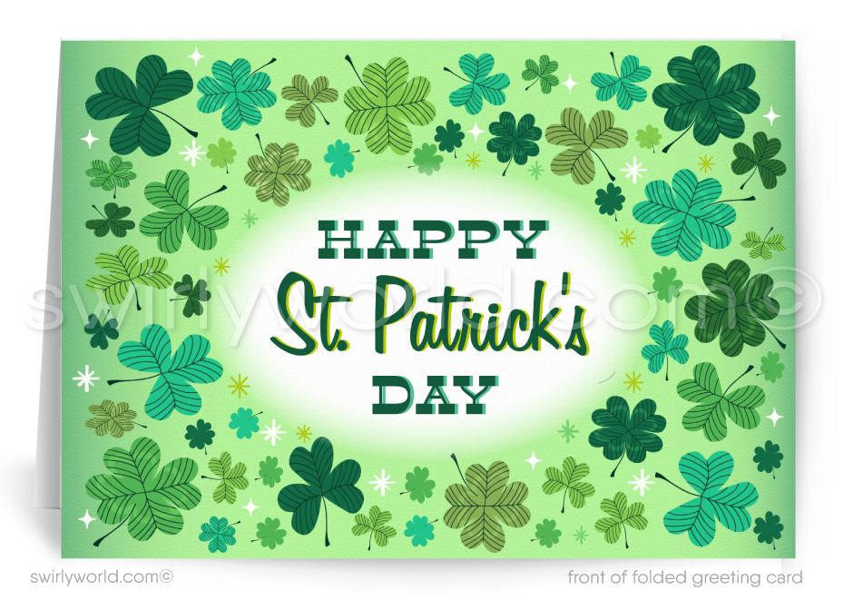 St. Patrick's Day card with green shamrocks and 'Happy St. Patrick's Day' text on a green background.