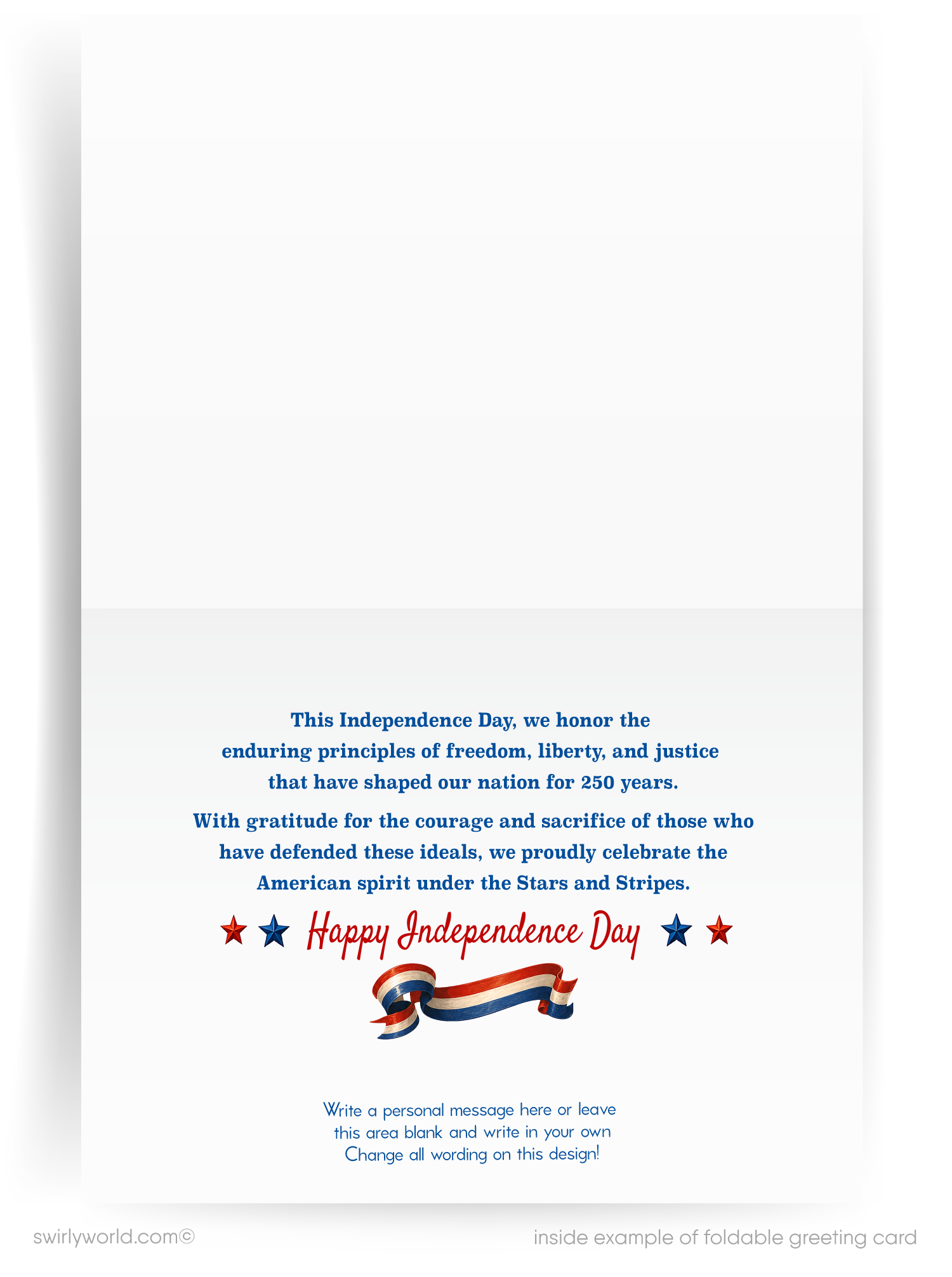 Greeting card with eagle, stars, and '250 Years of Freedom' text on a blue background