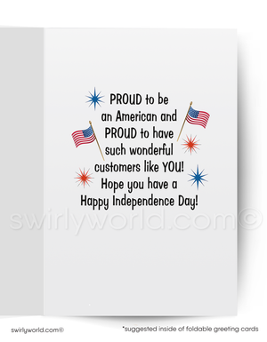 Greeting card with American flags and Independence Day message on a white background