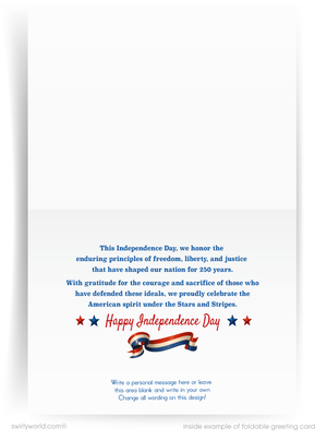 Independence Day greeting card with text and decorative elements on a white background