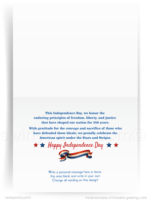 Independence Day greeting card with text and decorative elements on a white background