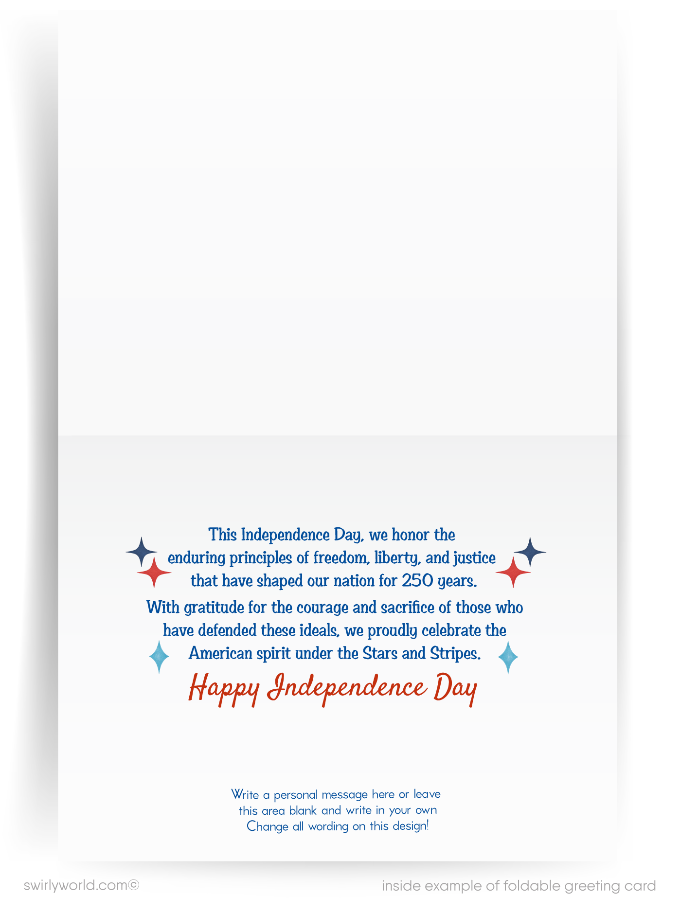 Greeting card with an eagle, American flags, and '250 Celebrate America!' text on a blue background.