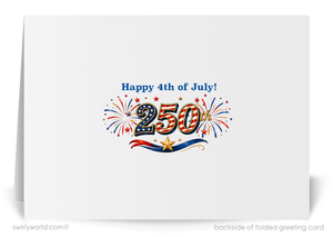 Greeting card with 'Happy 4th of July! 250th' text and fireworks design on a white background.