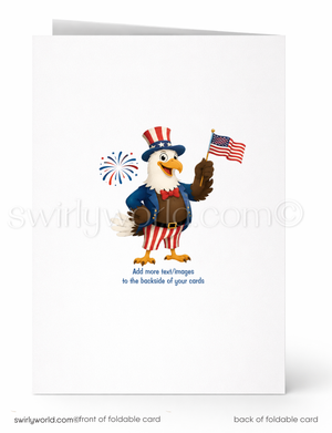 Card with an eagle wearing a hat and holding a flag, featuring the Swirly World logo.