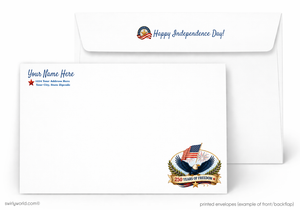 White envelope with 'Happy Independence Day!' text and eagle design on a white background