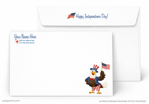 Happy Independence Day card with an eagle holding a flag and envelope on a white background