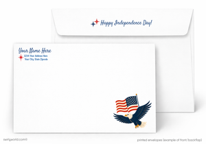 Independence Day greeting card with eagle and American flag design on a white background