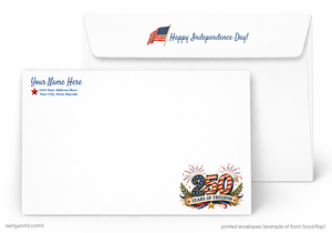 Independence Day themed letterhead with American flag and fireworks design on a white background