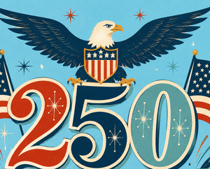 Eagle with American flag shield and '250' on a blue background with stars and flags.