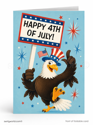 Card with an eagle holding a 'Happy 4th of July!' sign on a blue background with stars and stripes.