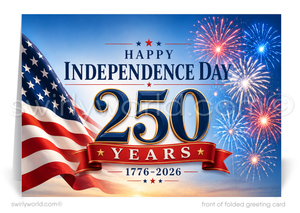 Independence Day greeting card with American flag, fireworks, and text celebrating 250 years of Independence Day.