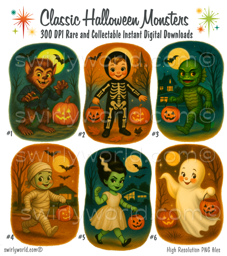 Rare Vintage 1950s-1960s Retro Mid-Century Classic Monster Halloween Image Set Digital Downloads Ephemera Scrapbook (Copy)