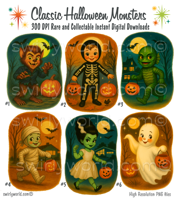 Rare Vintage 1950s-1960s Retro Mid-Century Classic Monster Halloween Image Set Digital Downloads Ephemera Scrapbook (Copy)