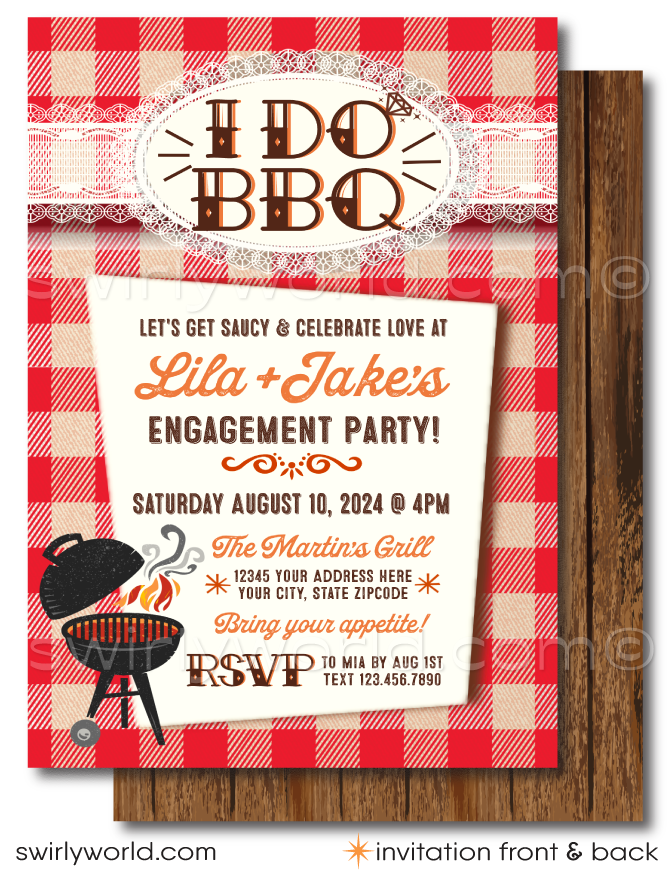 "I Do BBQ" Red Checkered Gingham Vintage Retro Engagement Party Invitations