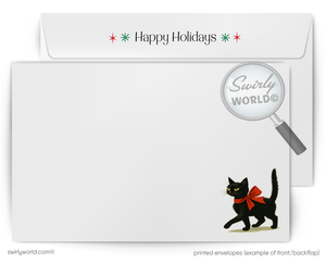Holiday card with a black cat wearing a red bow and 'Happy Holidays' text.