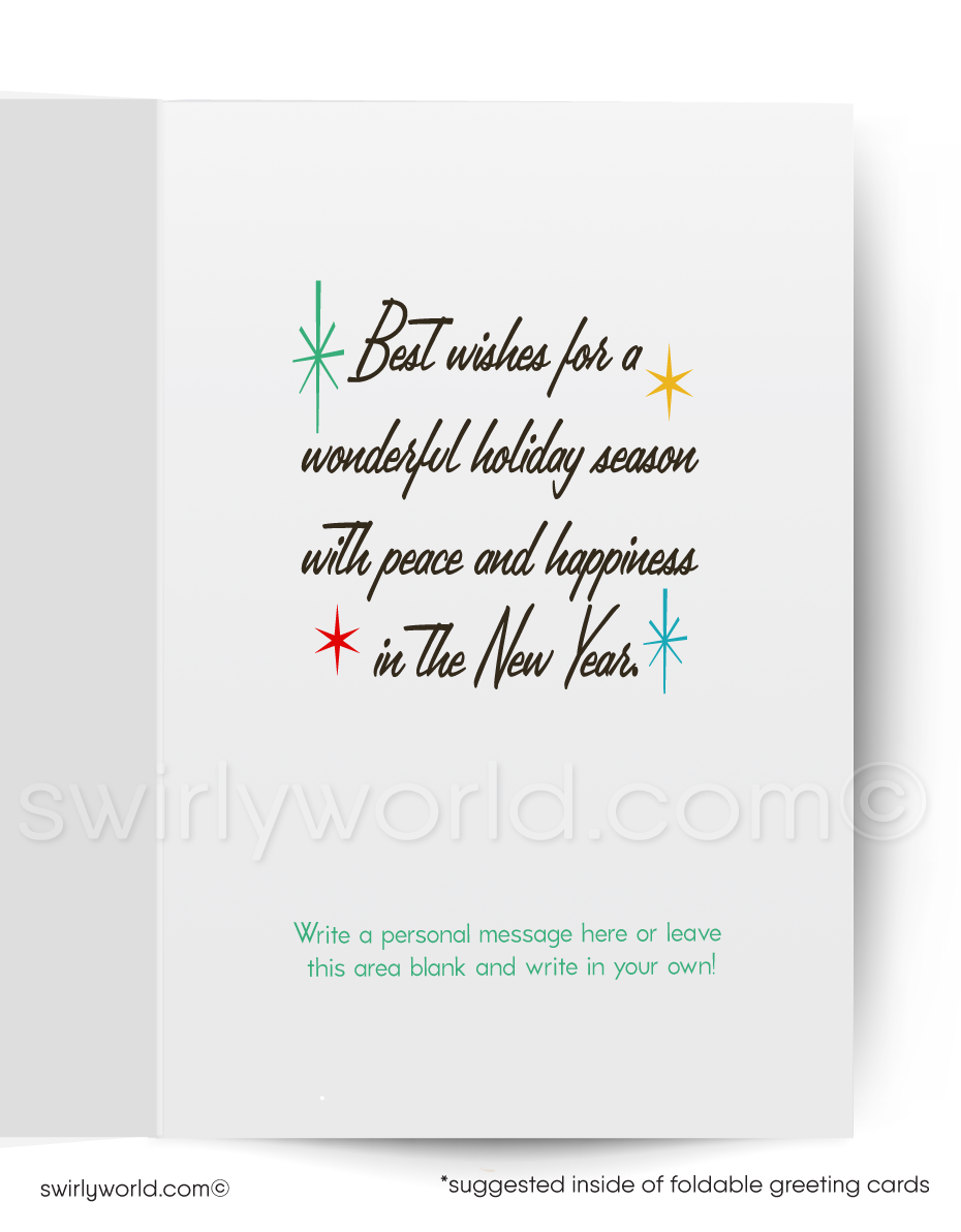 Vintage Christmas Card – Art Deco Holiday Card with Cozy Fireplace & Festive Tree