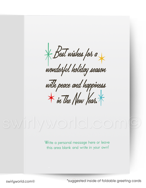 Holiday greeting card with decorative text and stars on a white background