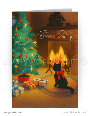 Vintage Christmas Card – Art Deco Holiday Card with Cozy Fireplace & Festive Tree