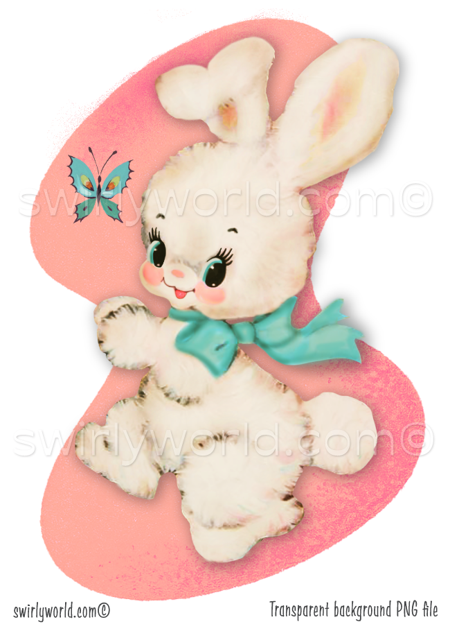1940s-1950s vintage mid-century modern white bunny rabbit with a blue butterfly, against a mcm boomerang powder pink background with white atomic starbursts. 
