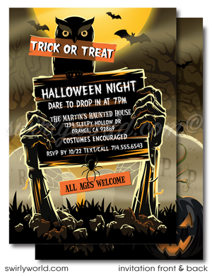 Set the tone for a fright-filled night with our Zombie Walking Dead Graveyard Halloween invitation! Featuring grisly zombie arms, worms, and a glowing-eyed owl, this customizable design is perfect for any bash. Easily edit the wording, and we'll print on premium card stock and ship directly to your door for convenience.