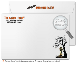 Set the stage for a fright-filled night with our Zombie Walking Dead Graveyard Halloween invitation! Featuring grisly zombie arms and a sinister owl with glowing eyes, this customizable template is perfect for any Halloween bash. Instantly download and edit, or choose printed versions for a hauntingly unforgettable event.