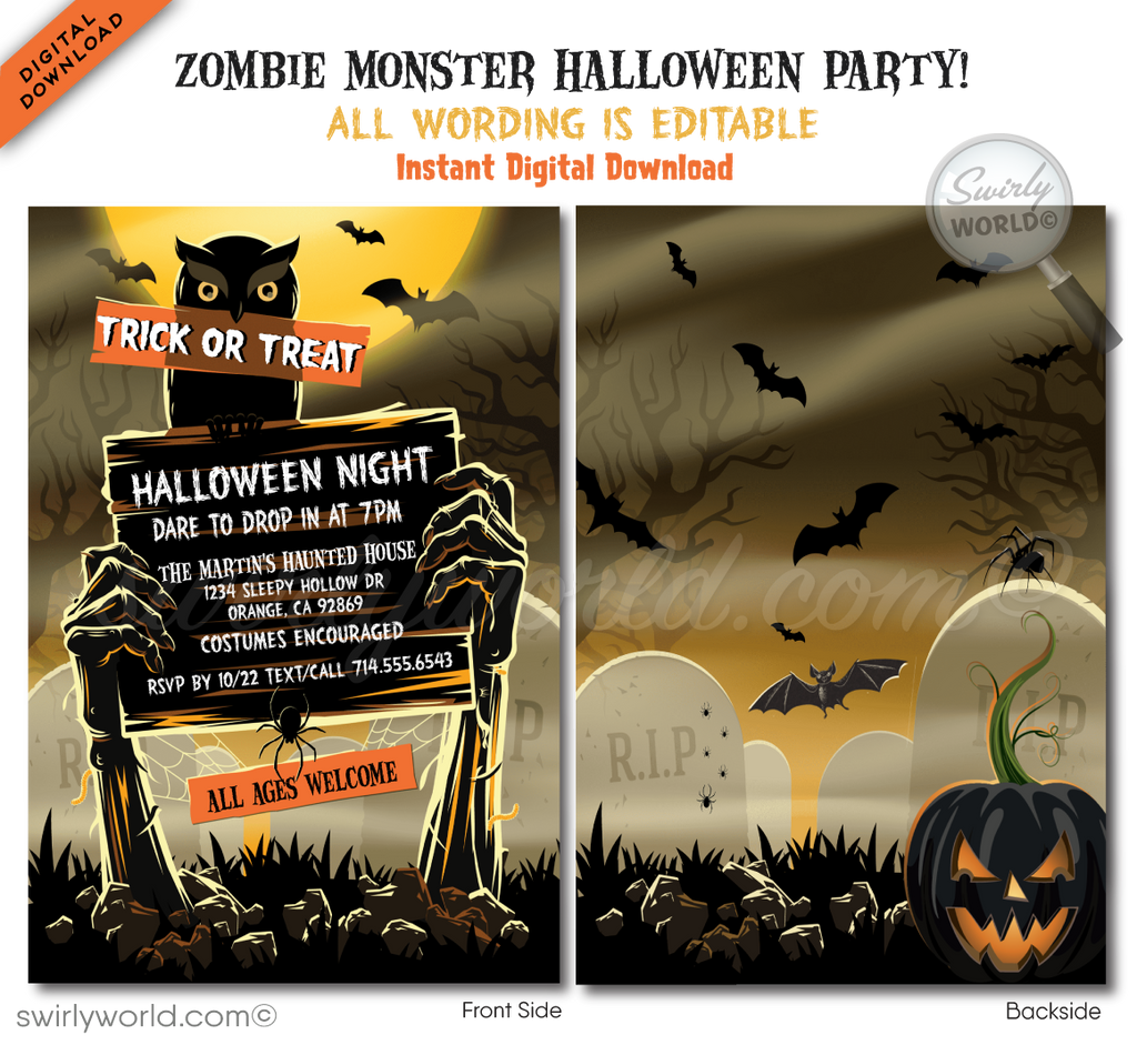 Zombie Graveyard Walking Dead Theme Halloween Party Invitation Printable Digital Evite