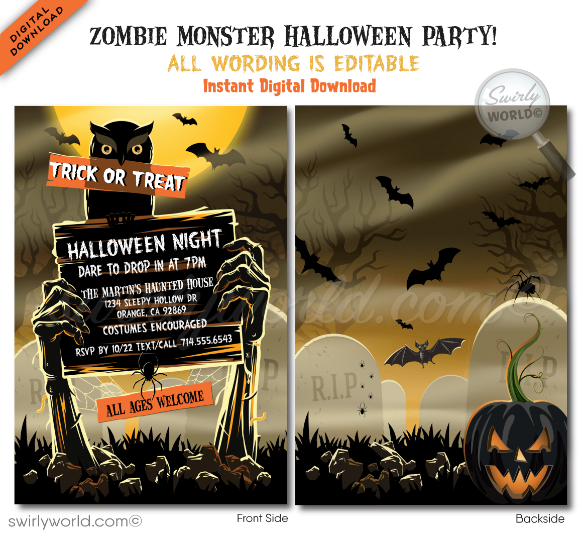 Set the stage for a fright-filled night with our Zombie Walking Dead Graveyard Halloween invitation! Featuring grisly zombie arms and a sinister owl with glowing eyes, this customizable template is perfect for any Halloween bash. Instantly download and edit, or choose printed versions for a hauntingly unforgettable event.