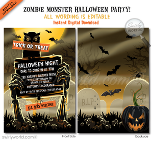 Set the stage for a fright-filled night with our Zombie Walking Dead Graveyard Halloween invitation! Featuring grisly zombie arms and a sinister owl with glowing eyes, this customizable template is perfect for any Halloween bash. Instantly download and edit, or choose printed versions for a hauntingly unforgettable event.