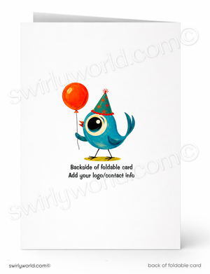 A folded greeting card shown front and back on a white background. The front features a blue cartoon bird wearing a party hat and holding an orange balloon, with the text 'Backside of foldable card Add your logo/contact info' below.