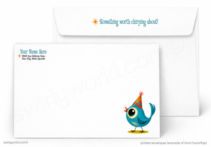 Personalized white printed envelopes shown on a white background, with one envelope open behind the other. The front envelope features a small blue bird wearing a red party hat near the lower right corner, and the back envelope has blue placeholder text and a small star icon.