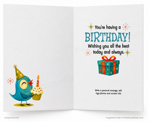 An open greeting card shown front and back on a white background. The left side features a blue bird wearing a party hat next to a cupcake, while the right side has birthday text, star accents, and an illustration of a wrapped gift box.