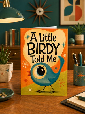 A greeting card standing upright on a wooden desk, featuring a colorful illustration of a blue bird and the text 'A Little Birdy Told Me' in a cozy room setting with a lamp, plants, and stationery.
