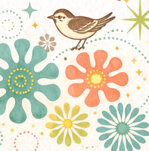 The image is a vibrant and colorful illustration featuring a variety of flowers and a bird.