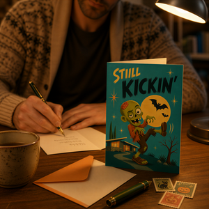 A person is sitting at a table, writing a letter with a Halloween-themed card in front of them.