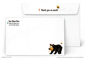 a white envelope with a cartoon bear and a bee on it. The envelope has a message that says "Thank you so much!" and a space for the recipient's name and address.