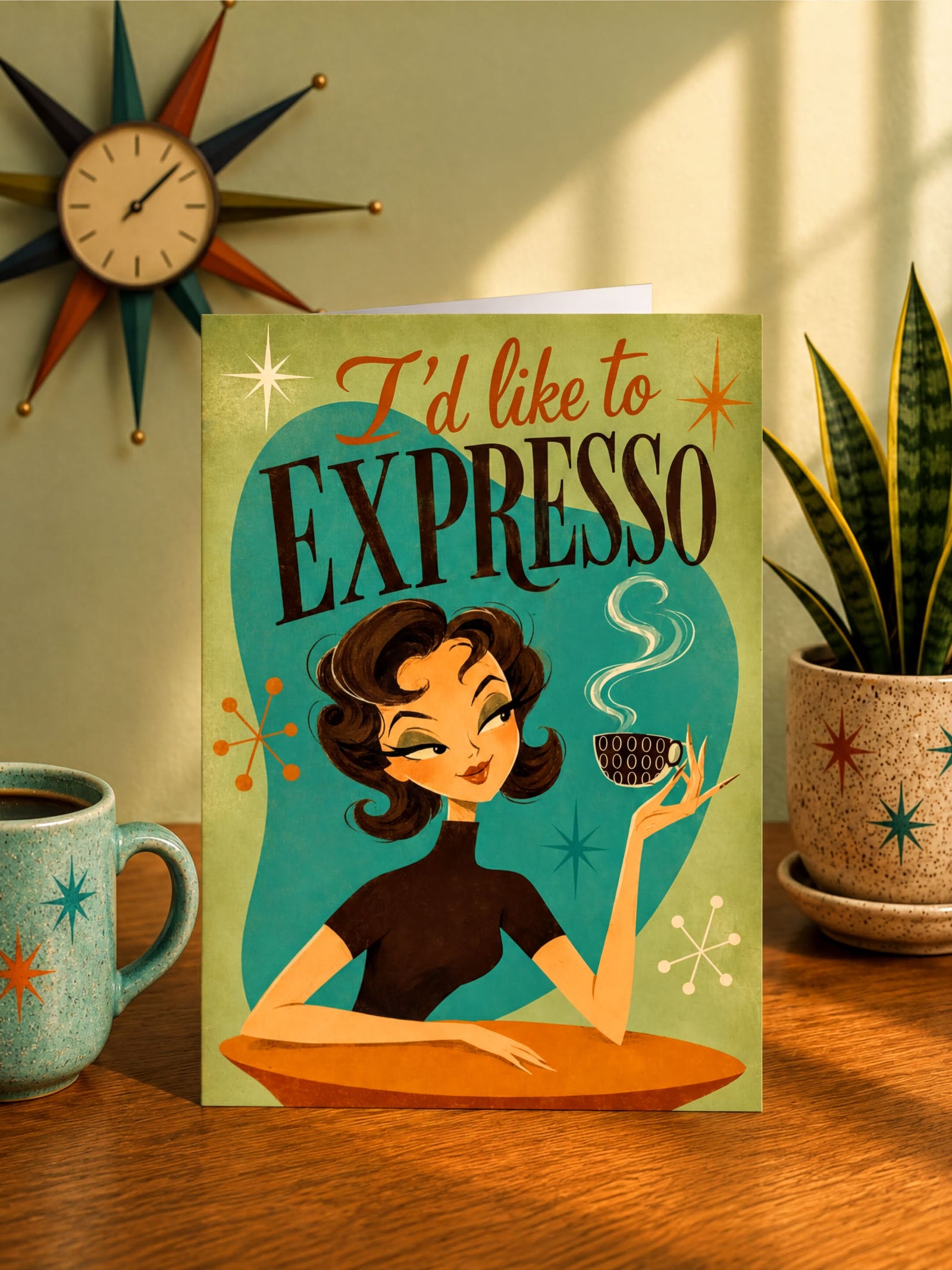 A retro-style foldable greeting card featuring an illustration of a woman holding an espresso cup with the text 'I'd like to EXPRESSO' on a light green background.