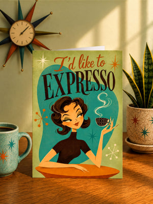a card with a woman sitting at a table, holding a cup of coffee and a cigarette, with a clock and a potted plant in the background.