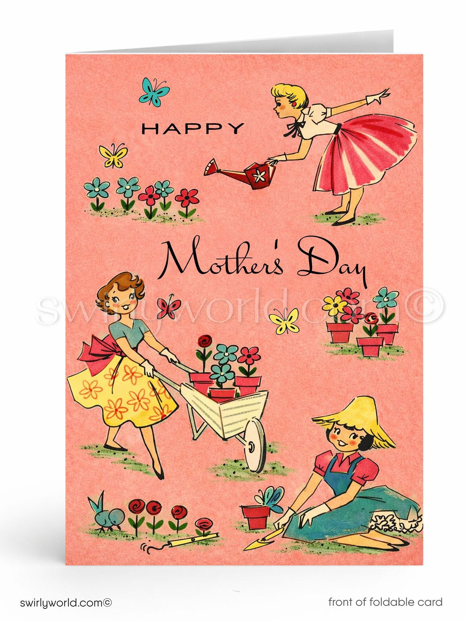 Mother's Day card with illustrations of women gardening on a pink background