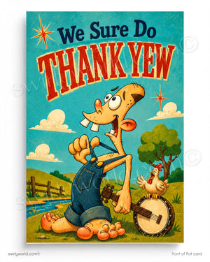 Cartoon character with a banjo and chicken, text 'We Sure Do Thank Yew' on a colorful background